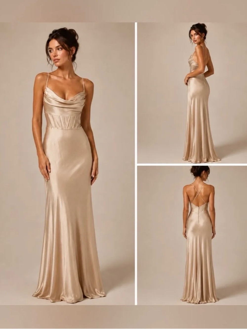 Windsor Taupe Satin Cowl Neck Maxi Dress